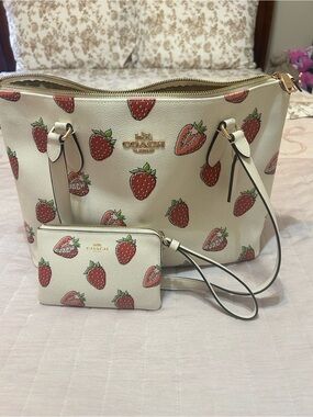 Coach White Strawberry Print Leather Shoulder Tote with Wristlet
